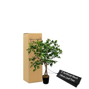 Handmade 3 ft. Artificial Black Olive Tree in Home Basics Plastic Pot Made with Real Wood and Moss Accents