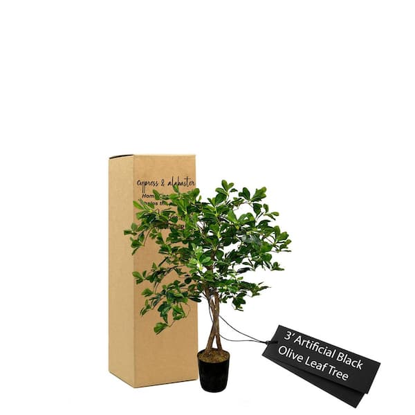 CYPRESS & ALABASTER Handmade 3 ft. Artificial Black Olive Tree in Home Basics Plastic Pot Made with Real Wood and Moss Accents