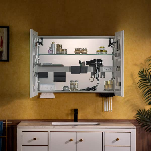 35.5 in. W x 27.5 in. H Rectangular Aluminum Surface-Mount Bathroom Medicine Cabinet with Mirror and LED Light in White