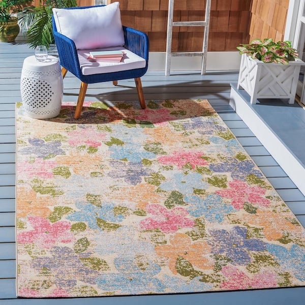 Summer Blue/Pink 9 ft. x 12 ft. Distressed Floral Indoor/Outdoor Area Rug