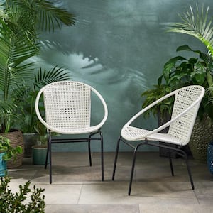 2-Piece Black Metal Outdoor Lounge Chair with White Seats