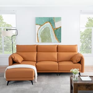 93.31 in. Faux Leather, 3-Seater Sofa Couch with Headrests and Ottoman, Small Sectional Sofa Set in Caramel