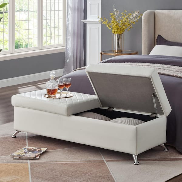 Harper & Bright Designs White Tufted PU Upholstered 56.7 in. Storage Bedroom Bench Without Back