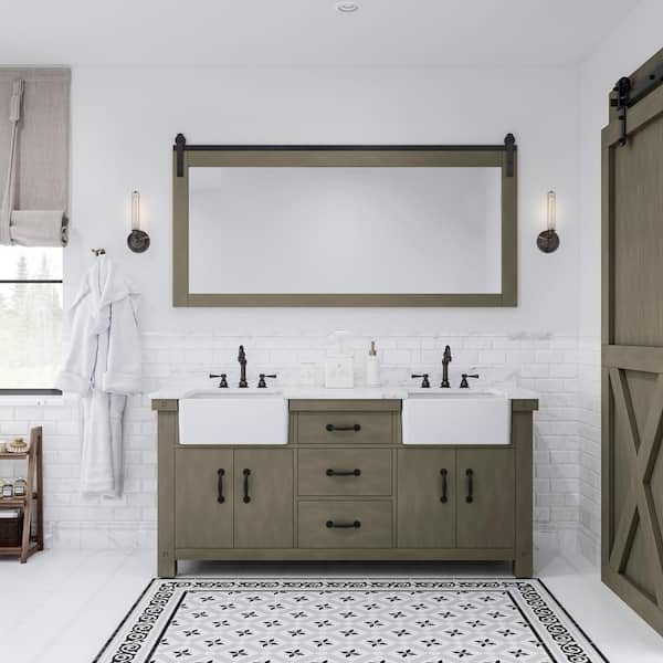 Water Creation Paisley 72 in. W x 22 in. D Vanity in Grizzle Gray with Marble Vanity Top in White with White Basin and Mirror
