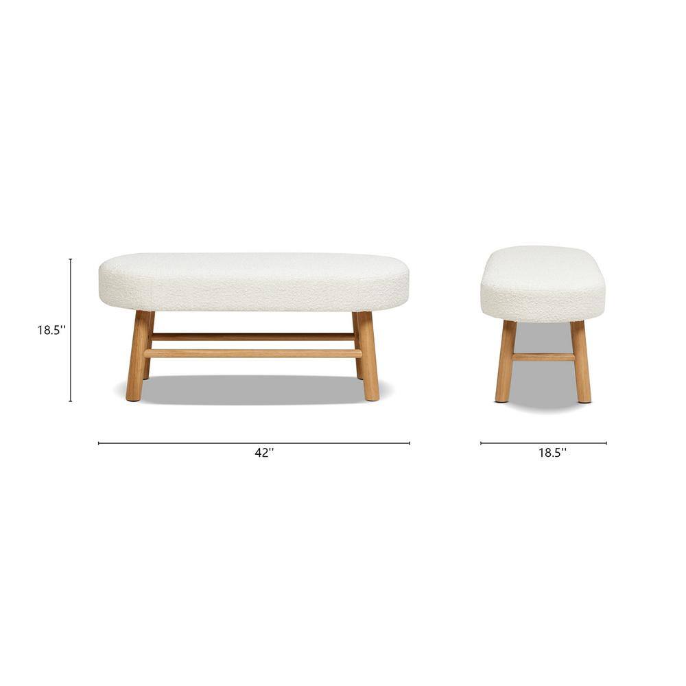 Ivory White Boucle Upholstered Bedroom Bench with Natural Wood Legs