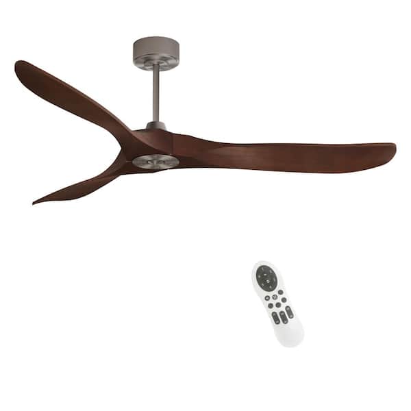 60 in. Modern Standard Ceiling Fan, Nickel Body, 3-Walnut Blades, DC Motor, Remote, Reversible, Downrod Mount, ETL