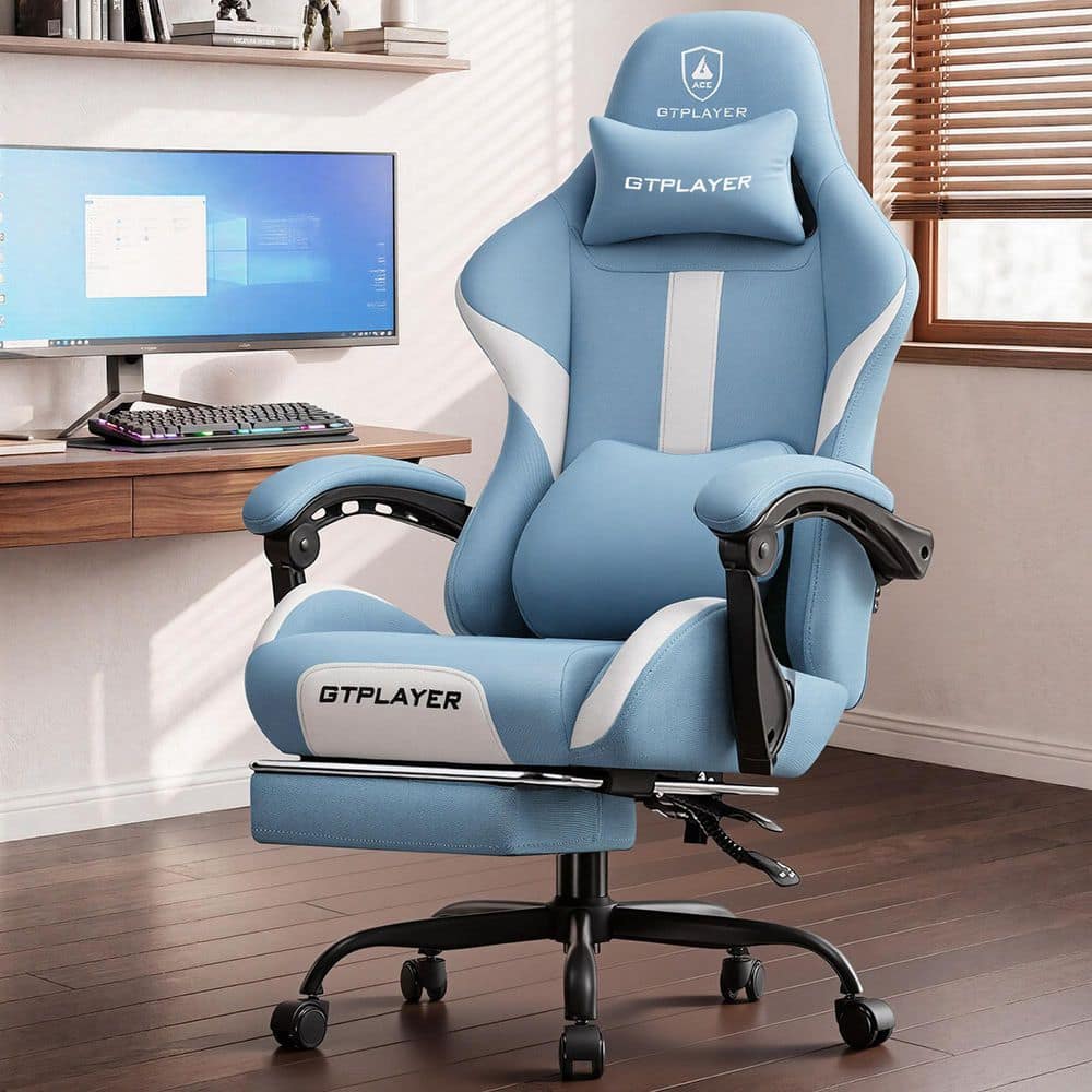 Gaming Chair Fabric Computer Chair with Foot Rest and Pocket Spring Cushion Ergonomic Computer Desk Chair, Blue