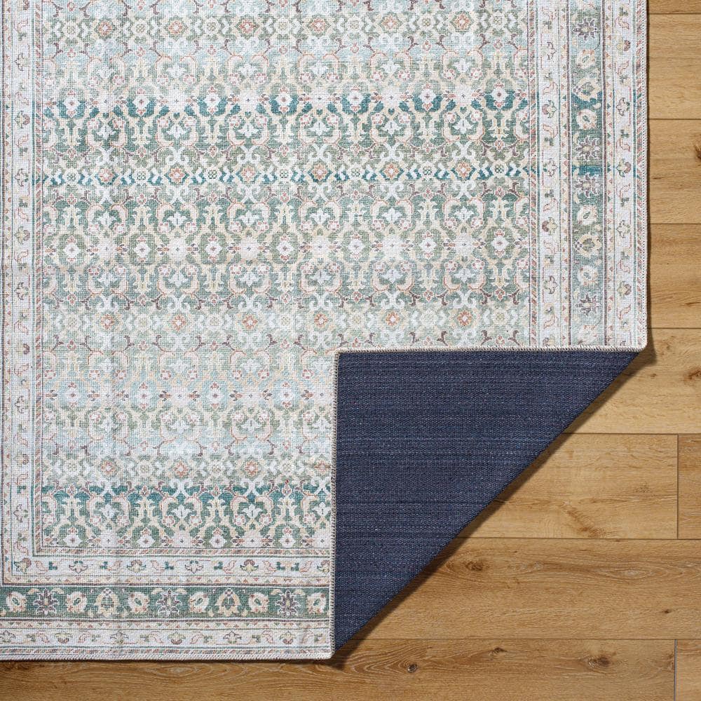 Green and Beige Polyester Low Pile Washable Runner Rug
