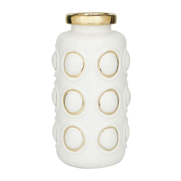 Litton Lane 12 in. White Ceramic Decorative Vase with Gold Circle Accents