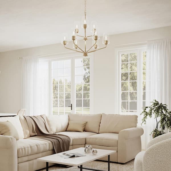 Celino 32 in. 9-Light Champagne Bronze Round Chandelier with White Glass Shades for Breakfast Nook