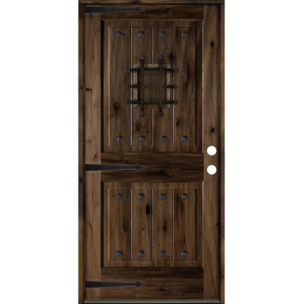 Krosswood Doors 36 in. x 80 in. Mediterranean Knotty Alder Left-Hand/Inswing Glass Speakeasy Black Stain Solid Wood Prehung Front Door