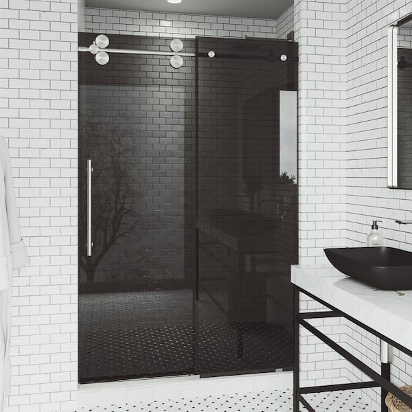 VIGO Elan 56 to 60 in. W x 74 in. H Sliding Frameless Shower Door in Stainless Steel with 3/8 in. (10mm) Black Tint Glass