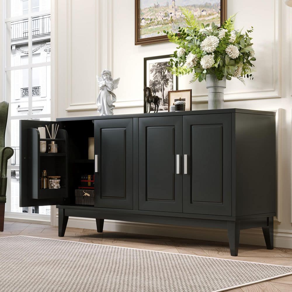 Black Wood 60 in. 4-Door Sideboard with Door Shelf, Two Storage Cabinets, Adjustable Shelves price history on PriceWatchPro