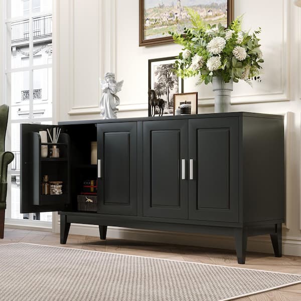 Black Wood 60 in. 4-Door Sideboard with Door Shelf, Two Storage Cabinets, Adjustable Shelves