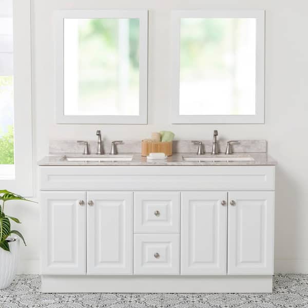 Glacier Bay Glensford 61 in. W x 22 in. D x 39 in. H Double Sink  Bath Vanity in White with Winter Mist Cultured Marble Top