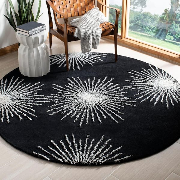 Soho Black/White 8 ft. x 8 ft. Round Floral Area Rug