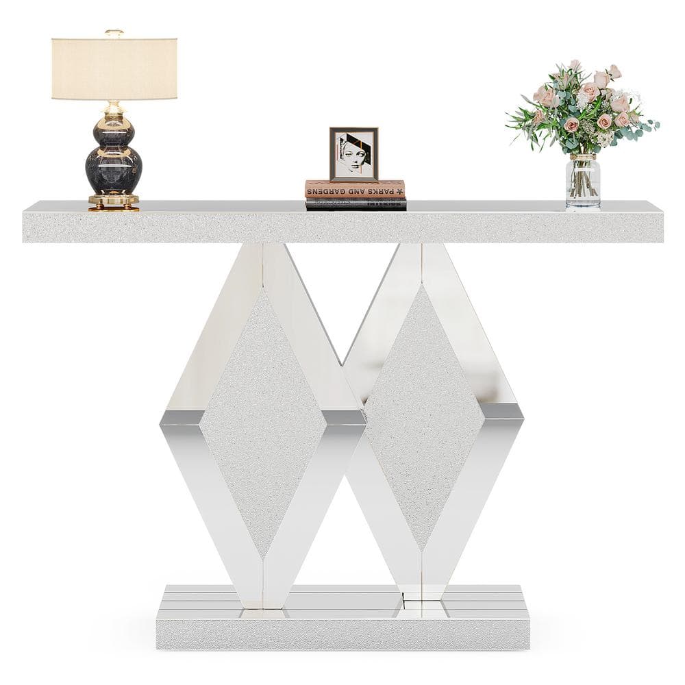 BYBLIGHT Turrella 47.24 in. Silver Rectangle Wood Mirrored Console Table Entryway Table for ...