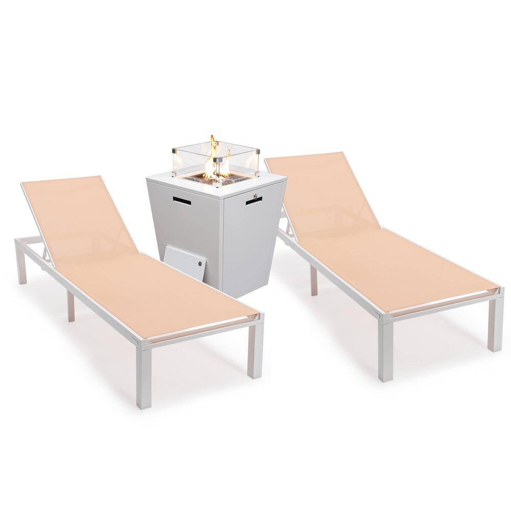 Marlin Modern White Aluminum Patio Chaise Lounge Set with Fire Pit Table