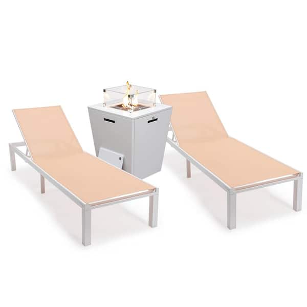Leisuremod Marlin Modern White Aluminum Outdoor Patio Chaise Lounge Chair Set of 2 with Fire Pit Table (Light Brown)