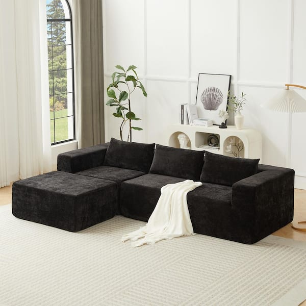 Ajax Modern 107.2 in. 4-Piece Upholstery Corduroy Modular Compressed Sectional Sofa in Black with Ottoman, Pillows