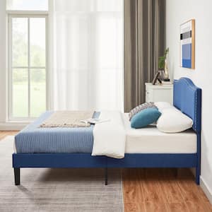Bed Frame Blue Metal Frame Full Platform Bed with Upholstered Headboard, Strong Frame and Wooden Slats Support