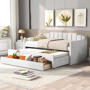 Beige Twin Upholstered Daybed with Trundle and 3-Drawers