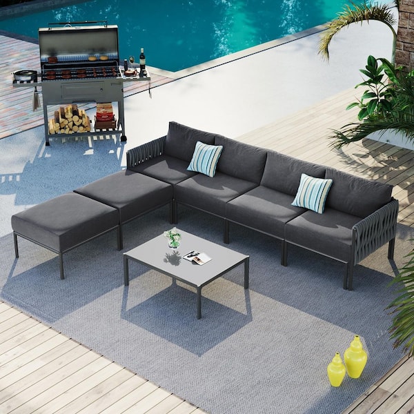 Oyezvary 6-Piece Aluminum Outdoor Patio Conversation Sectional Set with Removable Olefin Extra Thick Gray Cushions