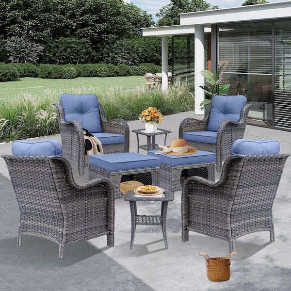 Gray 8-Piece Wicker Patio Conversation Set Outdoor Lounge Chairs Ottomans and Side Table with Denim Blue Cushions