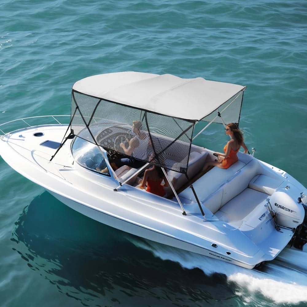 Light Grey 4 Bow Bimini Top Boat Cover with Mesh Sidewalls
