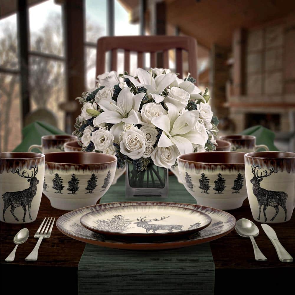 Majestic Elk 16-Piece Taupe and Brown Ceramic Dinnerware Set