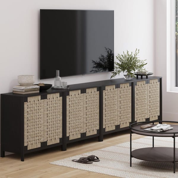 Aerie Rustic Black TV Stand 31 in. Accent Cabinet, Boho Storage Cabinet w/ Seagrass Doors and Solid Wood Legs, Set of 4