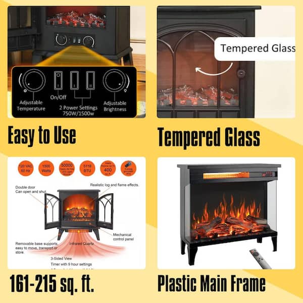 24 in. Freestanding Electric Fireplace in Black 3-Sided Glass with Feet