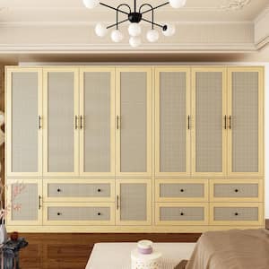 Yellow Wood Rattan Finish 110.2 in. W Big Wardrobe Combo Armoires With Aluminum Hanging Rods, Drawers