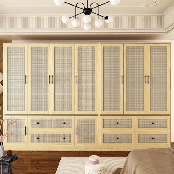 FUFU&GAGA Yellow Wood Rattan Finish 110.2 in. W Big Wardrobe Combo Armoires With Aluminum Hanging Rods, Drawers
