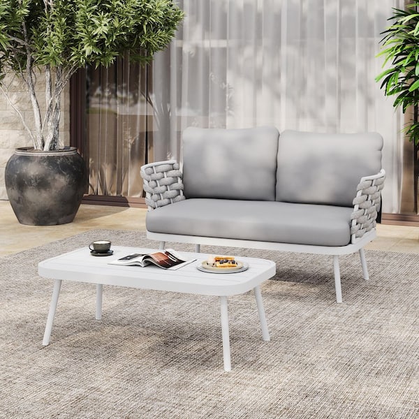 Julian Outdoor Off White Metal and Grey Rope Loveseat and Table Set Patio Conversation Set with Light Grey Cushions