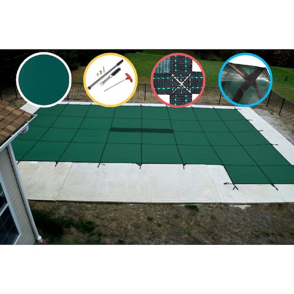 Water Warden 16 ft. x 32 ft. Rectangle Green Solid In-Ground Safety Pool Cover Right Side Step, ASTM F1346 Certified