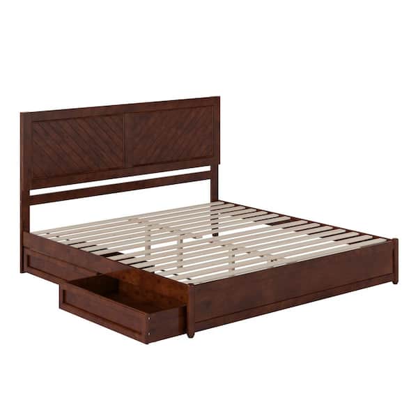 Clayton Walnut Brown Solid Wood Frame King Platform Bed with Panel Footboard and Storage Drawers