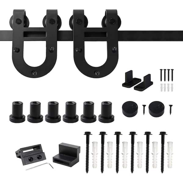 WINSOON 8 ft./96 in. Black Horseshoe Classic Bent Strap Barn Style Sliding Door Track and Hardware Set Non-Routed Door Guide