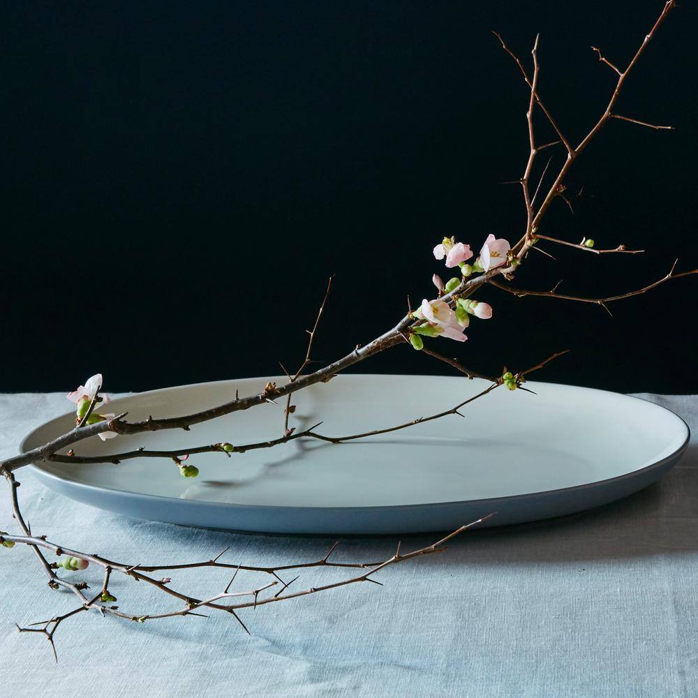 White Ceramic Oval Serving Platter with Trim Embellishment