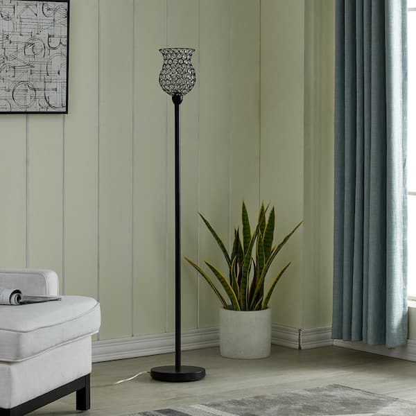 Maxax Oklahoma 59 in. Black Torchiere Floor Lamp with Crystal Shade