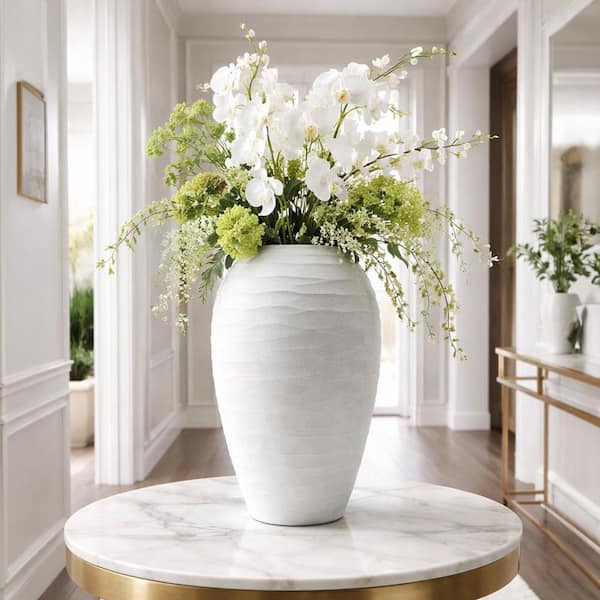 White 14 in. Textured White Round Glass Vase