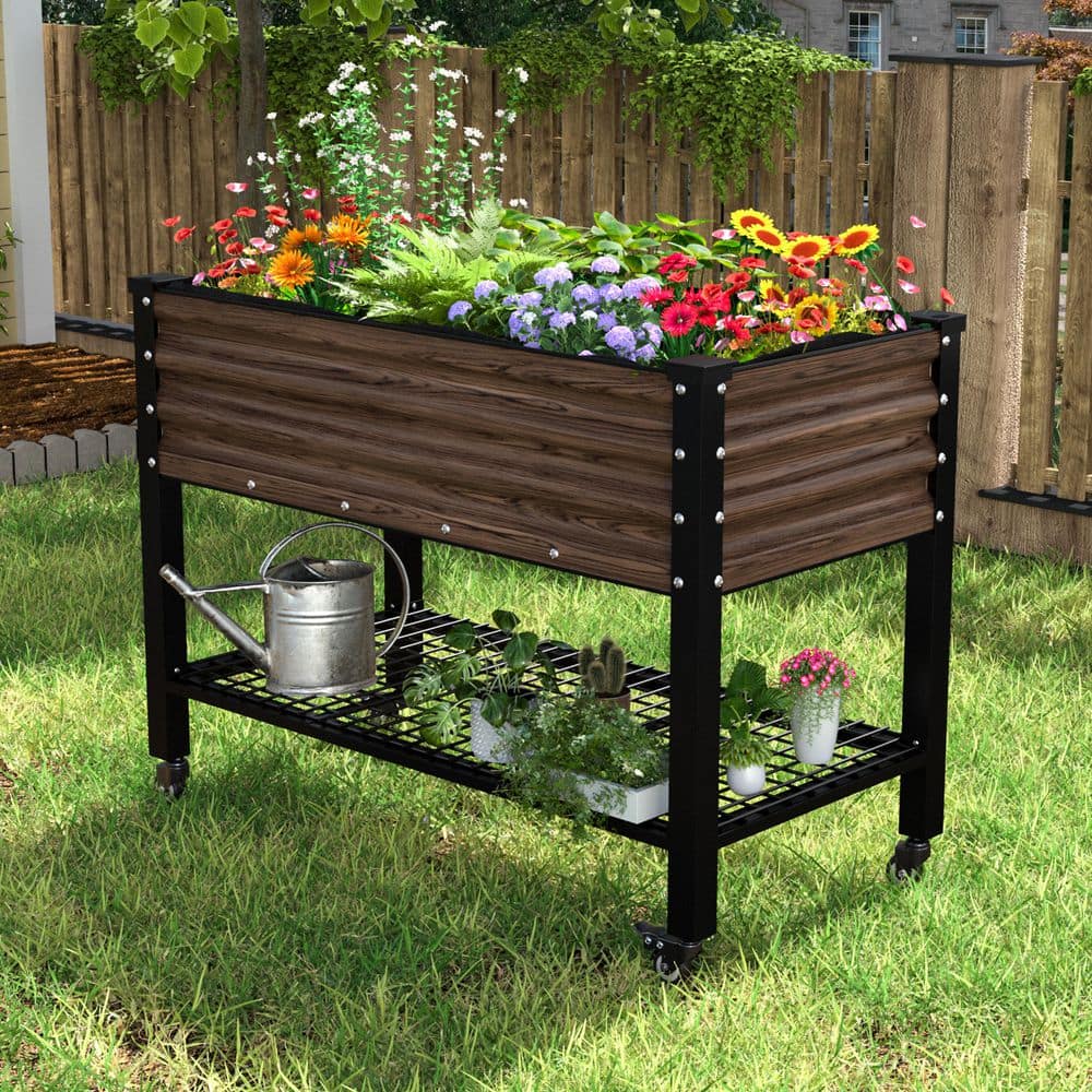 VEIKOUS 48 in. L x 25 in. W x 34 in. H Carbonized Galvanized Steel Raised Garden Bed with Lockable Wheels and Drainage Function PG0102-23RT-2