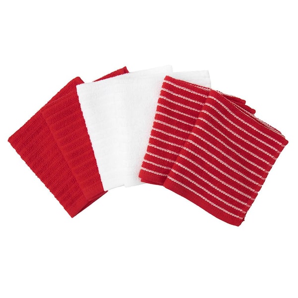 Ritz Red Cotton Terry Horizontal Stripe Bar Mop Dish Cloth Set of 6