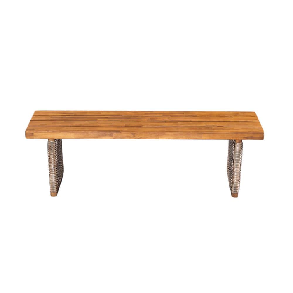 1-Piece Brown Acacia Wood and Wicker Outdoor Bench Long Chair for