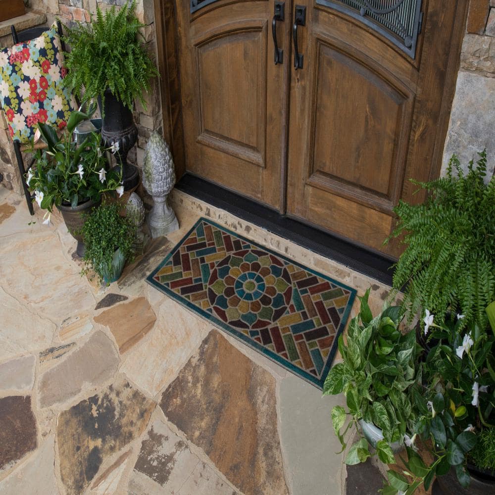 Multicolor Herringbone and Floral Medallion Outdoor Rubber Doormat, 2' x 4'