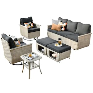 Sierra Beige 6-Piece Wicker Pet Friendly Outdoor Patio Conversation Sofa Set with Swivel Chairs and Black Cushions