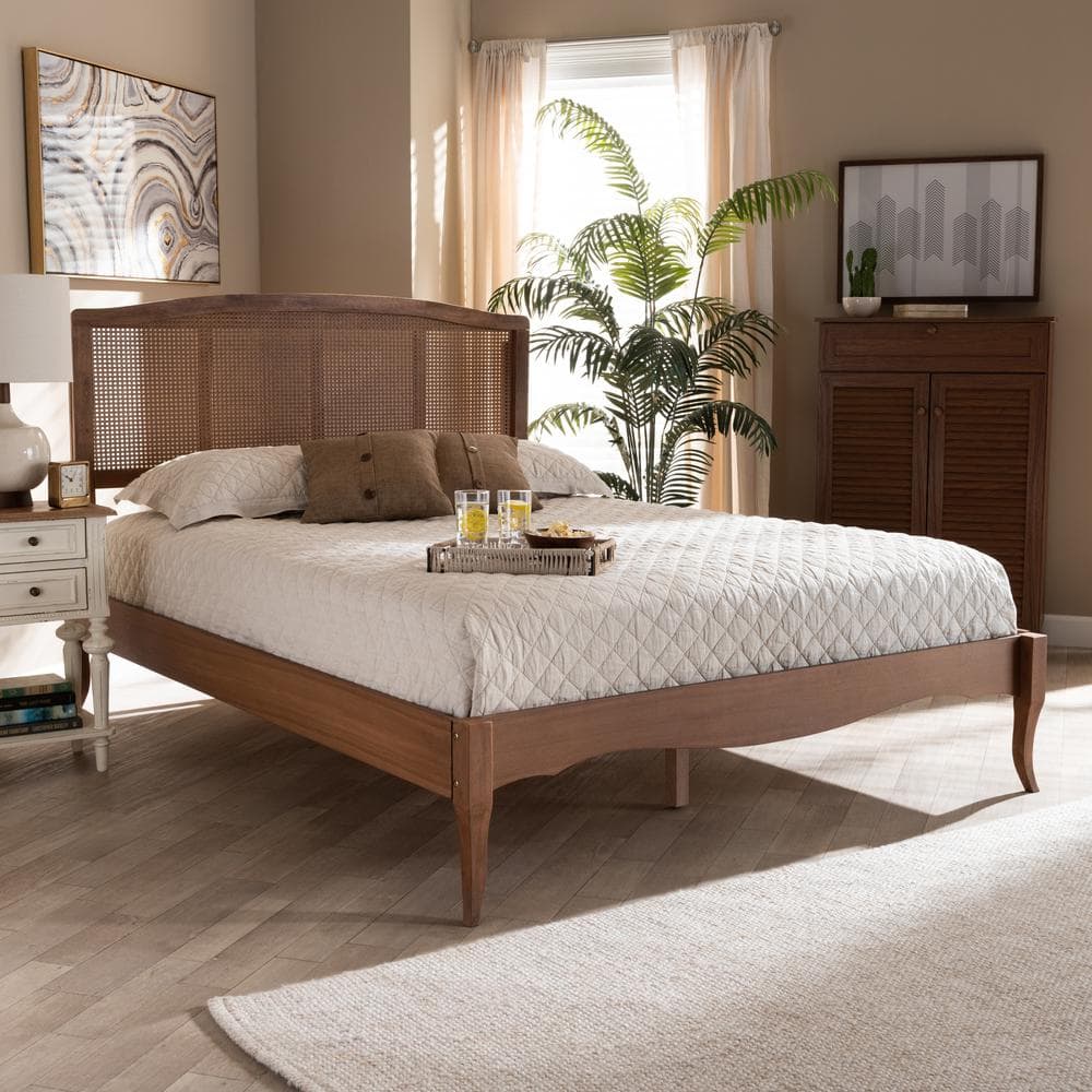 Marieke Vintage Chic Walnut Brown Queen Bed with Woven Rattan Headboard