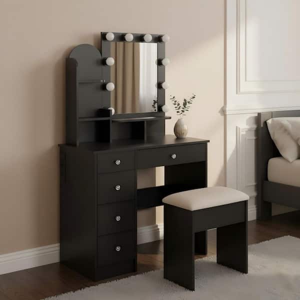 PERRLY 5-Drawers Onyx Black Makeup Vanity Set with Mirror, Stool, LED Lights, Charging Station and 5 Open Shelves
