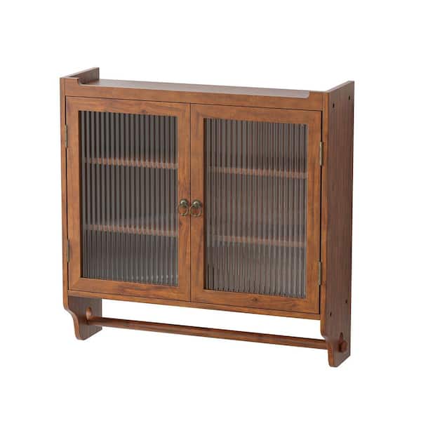 24.8 in. Vintage Brown Triple-Tier Glass Door Wall Cabinet with Towel Rack for Multiple Rooms