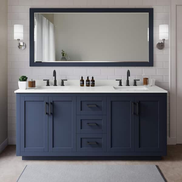 Wyndham Collection Miranda 72 in. W x 22 in. D x 33.75 in. H Double Bath Vanity in Dark Blue with White Quartz Top and 70 in. Mirror